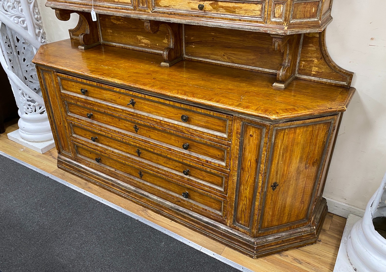 A late 18th/early 19th century French wood grain painted pine buffet, height 168cm, width 202cm, depth 52cm